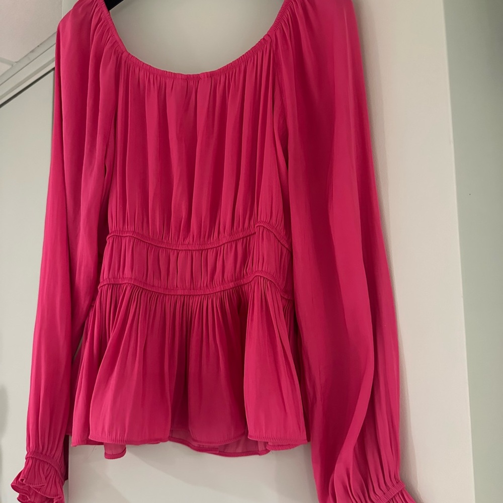 NINE WEST Size Medium Red and Pink Peplum Long Sleeve Sweetheart Neckline Blouse - Picture 11 of 11